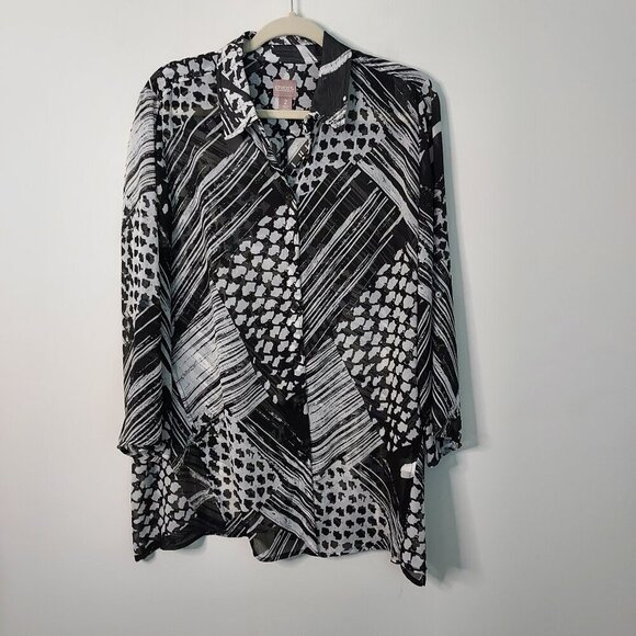 Chico's Sheer Black & White Button Down Long Sleeve Blouse Size Large - Picture 1 of 6